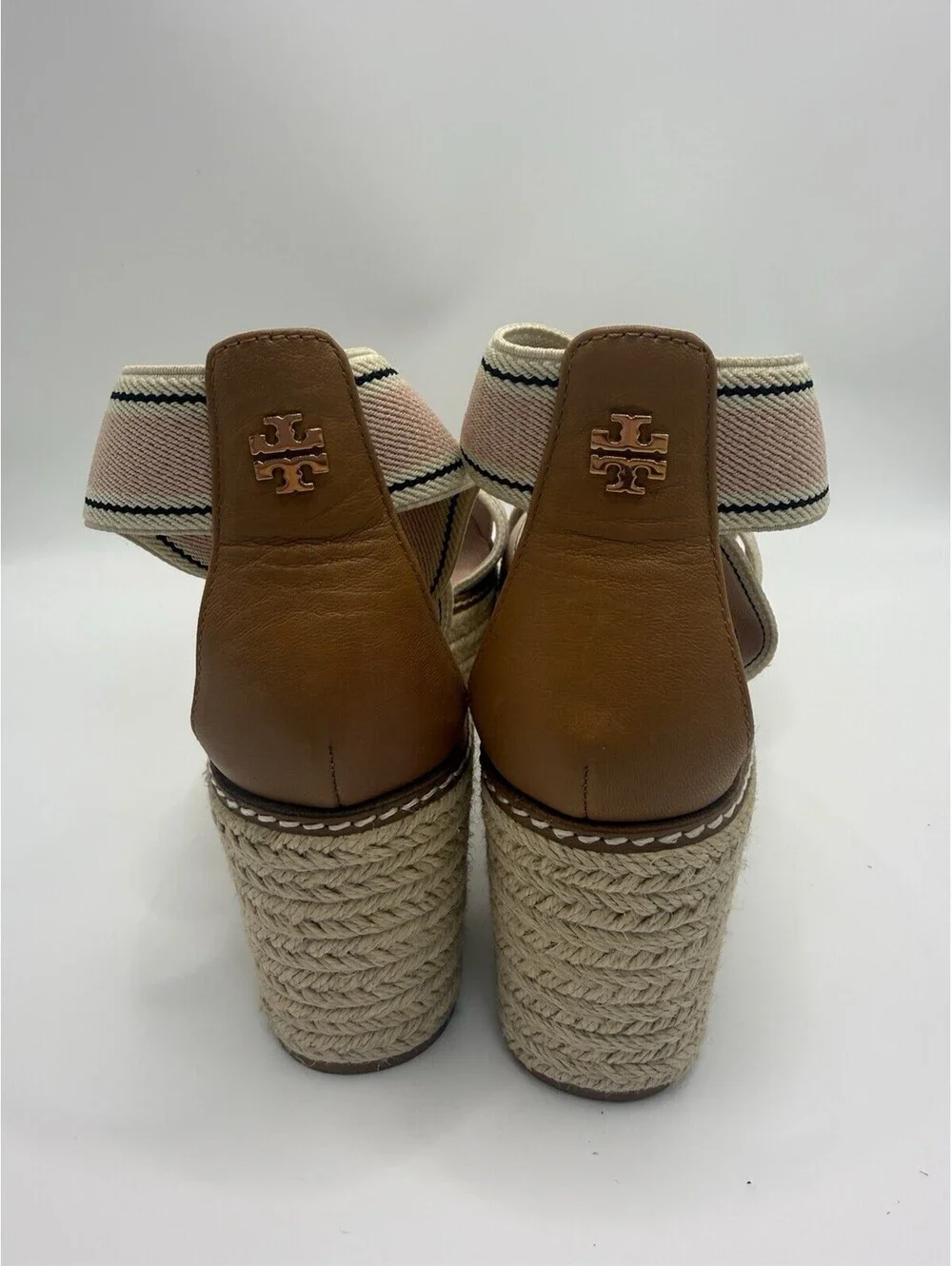 Tory Burch Women Frieda US 7 M Stripe Pink Platform Espadrille Wedge Sandal NWOB